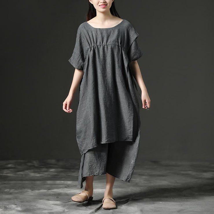 Simple cotton tunic dressFashion Short Sleeve Gray Loose Cotton Women Dress