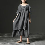 Einfaches Baumwoll-Tunika-Kleid. Mode-Kurzarm-Grau-Los-Baumwoll-Frauen-Kleid