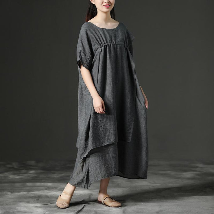 Einfaches Baumwoll-Tunika-Kleid. Mode-Kurzarm-Grau-Los-Baumwoll-Frauen-Kleid