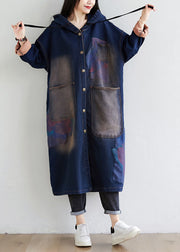 Simple dark Blue drawstring Hooded Pockets Print denim trench Coats Spring