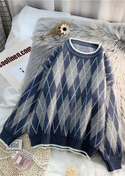 Simple dark blue Diamond printing linen tunics for women o neck Midi blouse - SooLinen