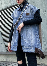 Simple denim blue cotton blouses for women lapel sleeveless Midi spring tops - SooLinen