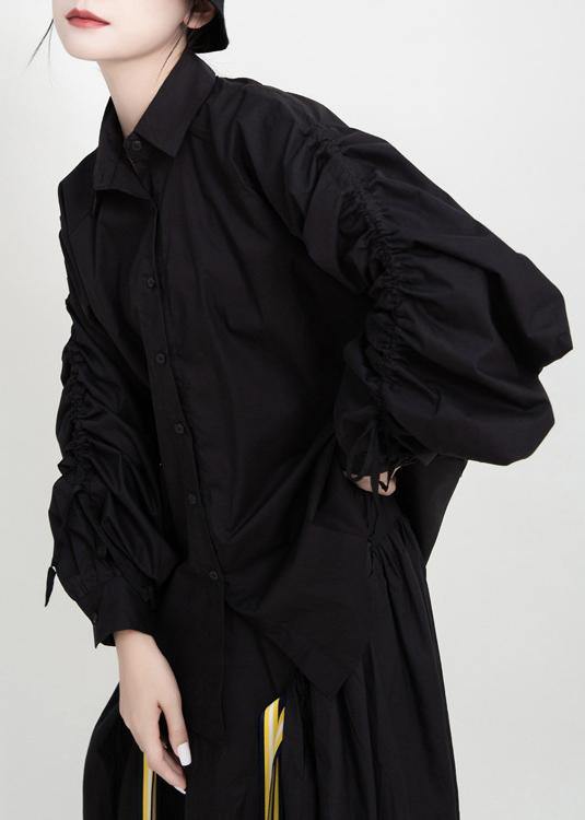Simple drawstring cotton fall tops women design black blouses - SooLinen