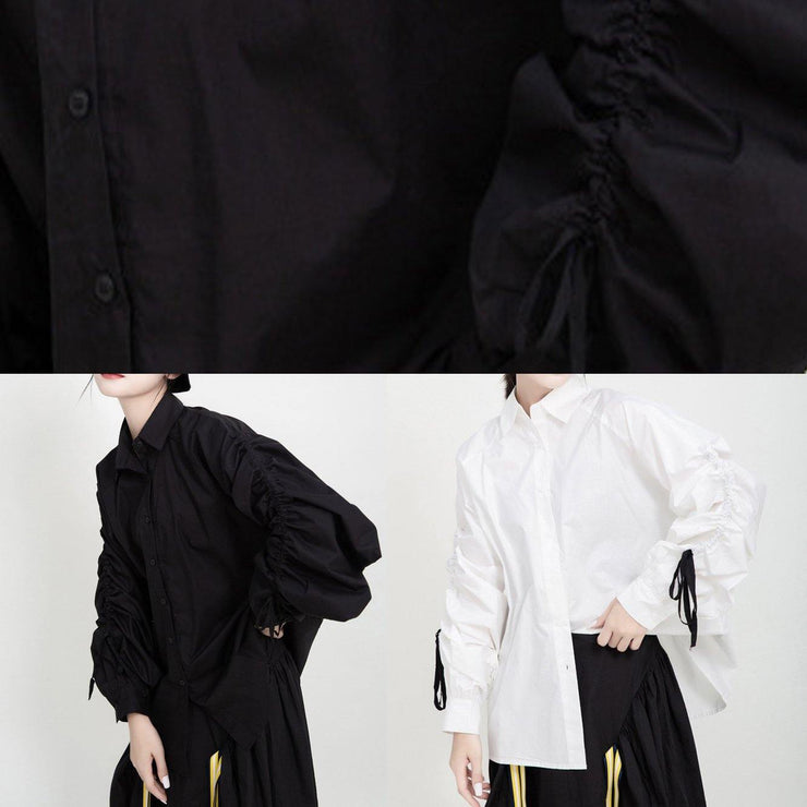 Simple drawstring cotton fall tops women design black blouses - SooLinen