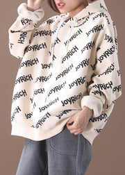 Simple drawstring cotton hooded top silhouette Outfits beige alphabet prints tops - SooLinen