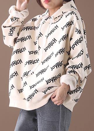 Simple drawstring cotton hooded top silhouette Outfits beige alphabet prints tops - SooLinen