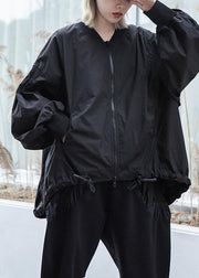 Simple drawstring hem fine Long coats black oversized outwear fall - SooLinen