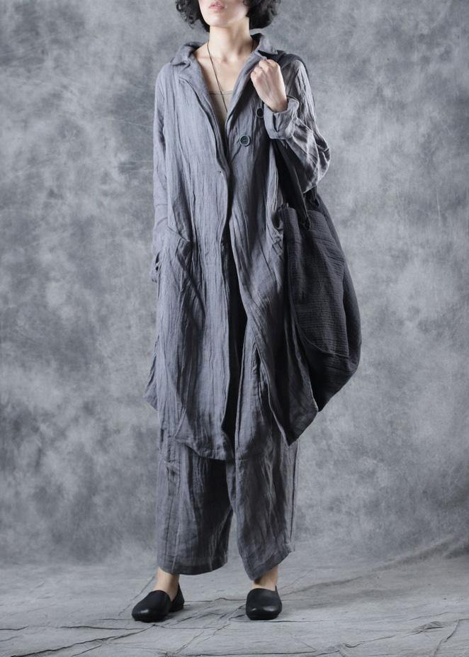 Simple gray linen tunic top lapel collar Midi long sleeve coat - SooLinen
