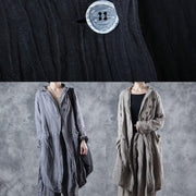 Simple gray linen tunic top lapel collar Midi long sleeve coat - SooLinen