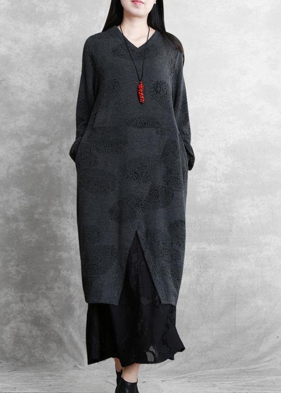 Simple gray quilting dresses v neck patchwork Robe fall Dresses - SooLinen