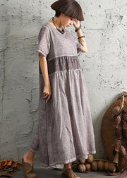 Simple gray short sleeve cotton dresses patchwork cotton summer Dresses - SooLinen