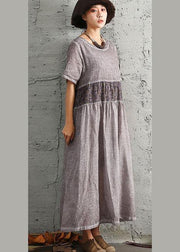 Simple gray short sleeve cotton dresses patchwork cotton summer Dresses - SooLinen