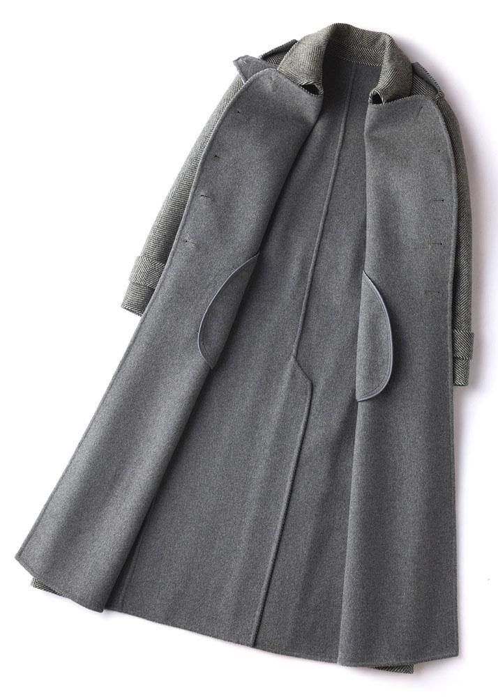 Simple gray striped Plus Size Long Woolen CoatsTutorials lapel tie waist outwears - SooLinen