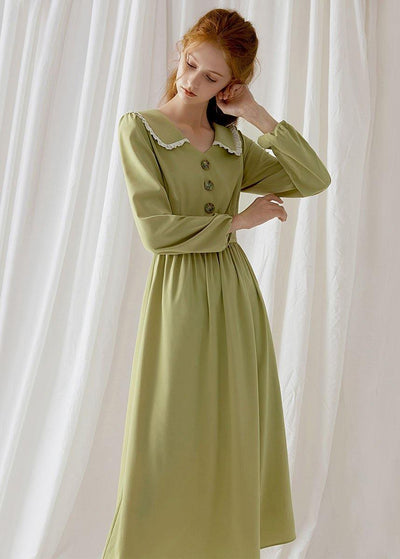 Simple green blended Wardrobes Peter pan Collar Dresses fall Dress - SooLinen