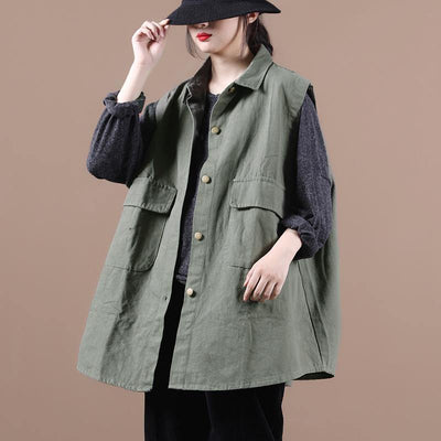 Simple green clothes For Women lapel sleeeless box fall top - SooLinen