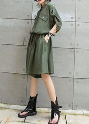 Simple green false two pieces cotton quilting dresses drawstring Art summer Dress - SooLinen