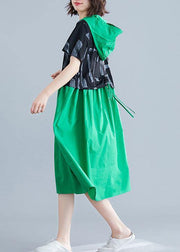 Simple green hooded cotton clothes patchwork Art summer Dresses - SooLinen