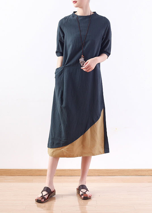 Einfache grüne Leinen-Baumwollkleidung für Frauen Vintage Tutorials Patchwork A-Linie Sommerkleid