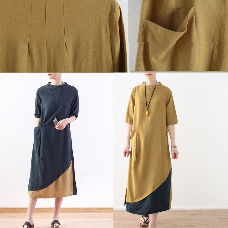 Einfache grüne Leinen-Baumwollkleidung für Frauen Vintage Tutorials Patchwork A-Linie Sommerkleid