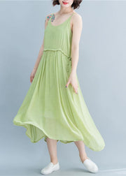 Simple green linen dresses Spaghetti Strap drawstring loose summer Dresses - SooLinen