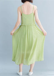 Simple green linen dresses Spaghetti Strap drawstring loose summer Dresses - SooLinen