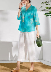 Simple green print linen clothes v neck summer blouses - SooLinen