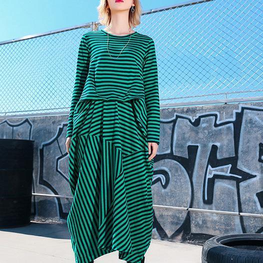 Simple green striped cotton Tunics Korea Photography asymmetric Maxi Dresses
