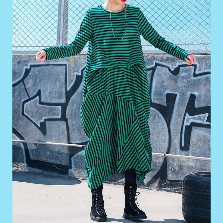 Simple green striped cotton Tunics Korea Photography asymmetric Maxi Dresses