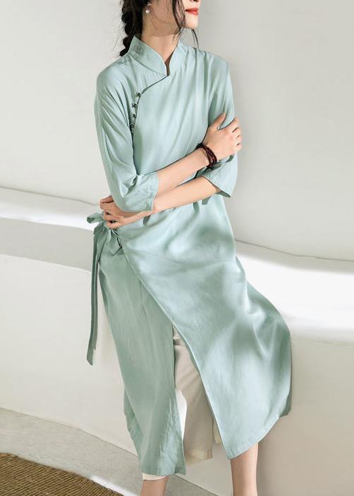 Simple green tunic top stand collar tie waist Dress - SooLinen