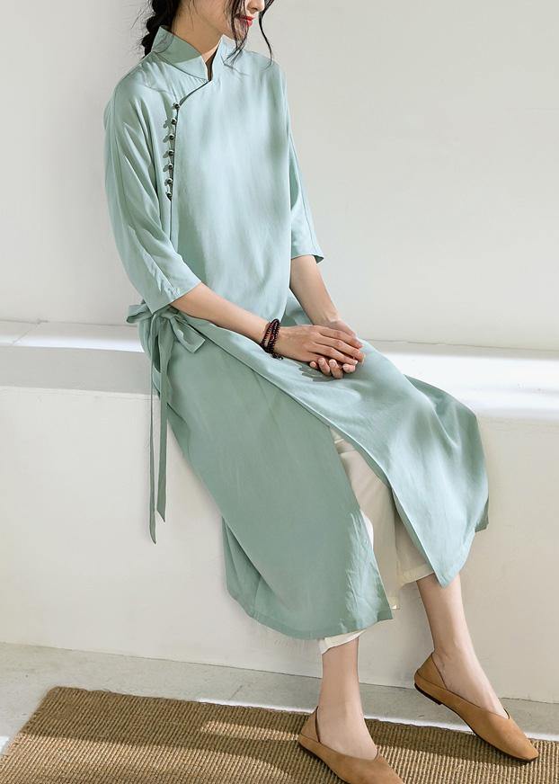 Simple green tunic top stand collar tie waist Dress - SooLinen