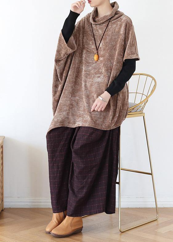 Simple high neck asymmetric cotton tops women khaki tops - SooLinen