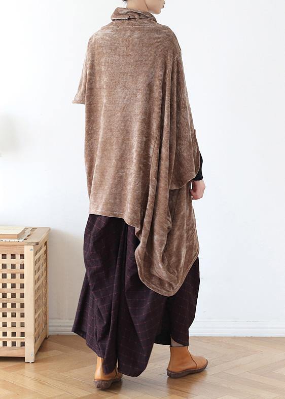 Simple high neck asymmetric cotton tops women khaki tops - SooLinen