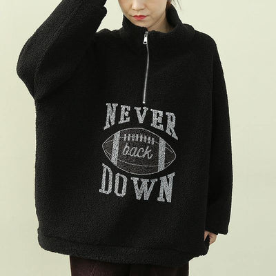 Simple high neck zippered clothes black Letter fuzzy wool top - SooLinen