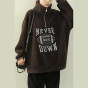 Simple high neck zippered clothes black Letter fuzzy wool top - SooLinen