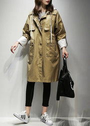 Simple hooded drawstring Fine Coats Women khaki cotton women coats - SooLinen
