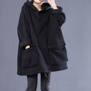 Simple hooded drawstring spring shirts women black tops - SooLinen