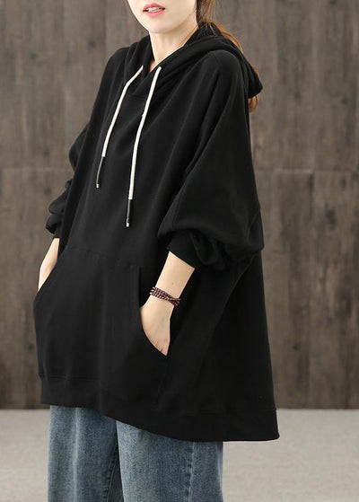 Simple hooded drawstring tunics for women Christmas Gifts black shirts - SooLinen