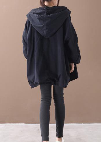 Simple hooded false two pieces Fine Coats Women black Art coat - SooLinen