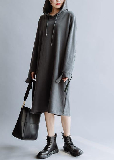 Simple hooded patchwork fall tunic pattern design gray Art Dresses - SooLinen