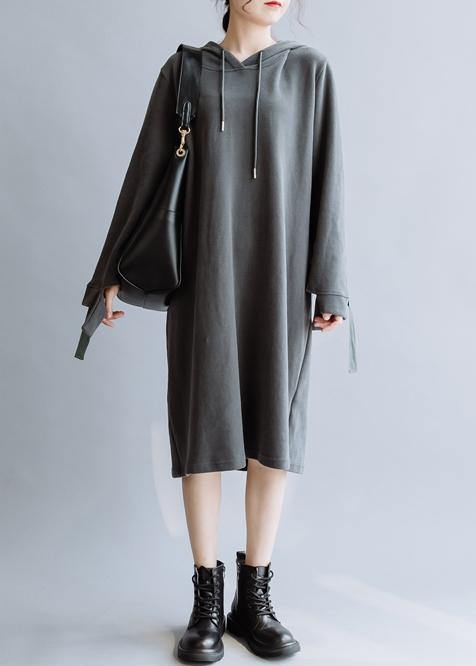 Simple hooded patchwork fall tunic pattern design gray Art Dresses - SooLinen