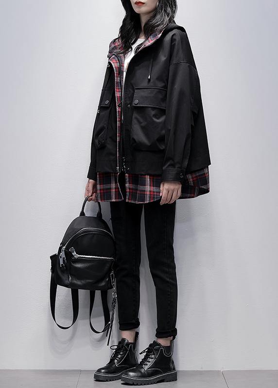 Simple hooded pockets Plus Size tunics for women black patchwork plaid oversized coat - SooLinen