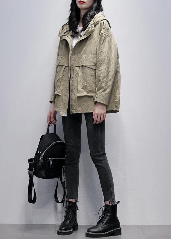 Simple hooded zippered Fashion casual coats women gray green loose coats - SooLinen