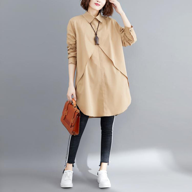Simple khaki cotton Blouse 2019 pattern lapel asymmetric short blouses