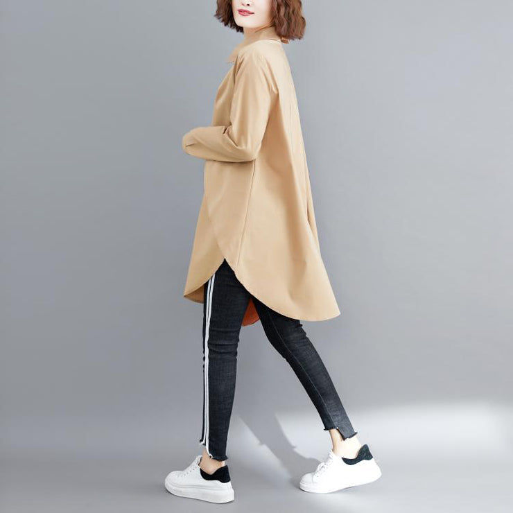 Simple khaki cotton Blouse 2019 pattern lapel asymmetric short blouses