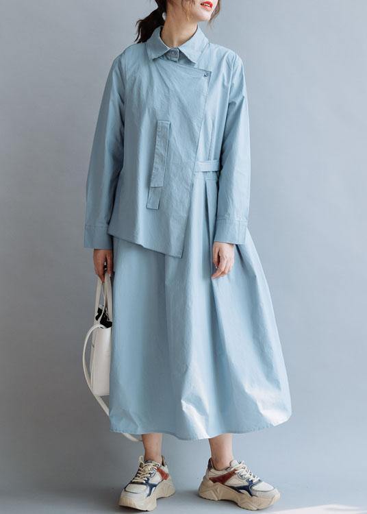 Simple lapel asymmetric cotton Wardrobes Shirts blue cotton robes Dresses fall - SooLinen