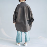 Simple lapel embroidery cotton tunic top Casual Fashion Ideas gray Art blouses
