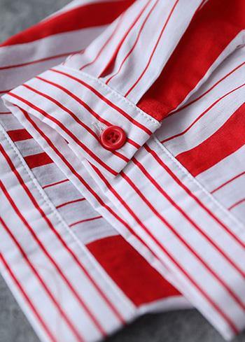 Simple lapel patchwork Cotton clothes For Women red striped Dresses summer - SooLinen