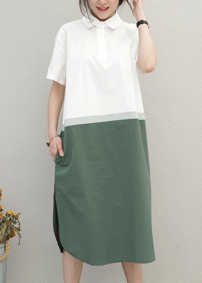 Simple lapel patchwork Cotton summer tunics for women Work Outfits green Dress - SooLinen