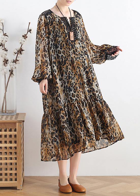 Simple lapel patchwork chiffon dress Casual Work Outfits Leopard A Line Dress - SooLinen