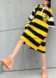Simple lapel pockets Cotton tunic pattern Inspiration yellow striped Dress - SooLinen
